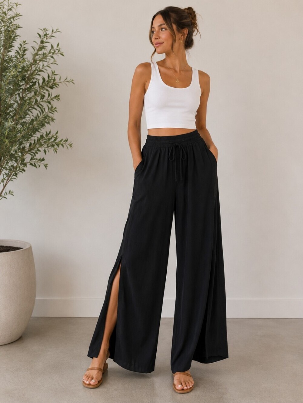Eighty Eight Black Wide-Leg Drawstring Waist Pants